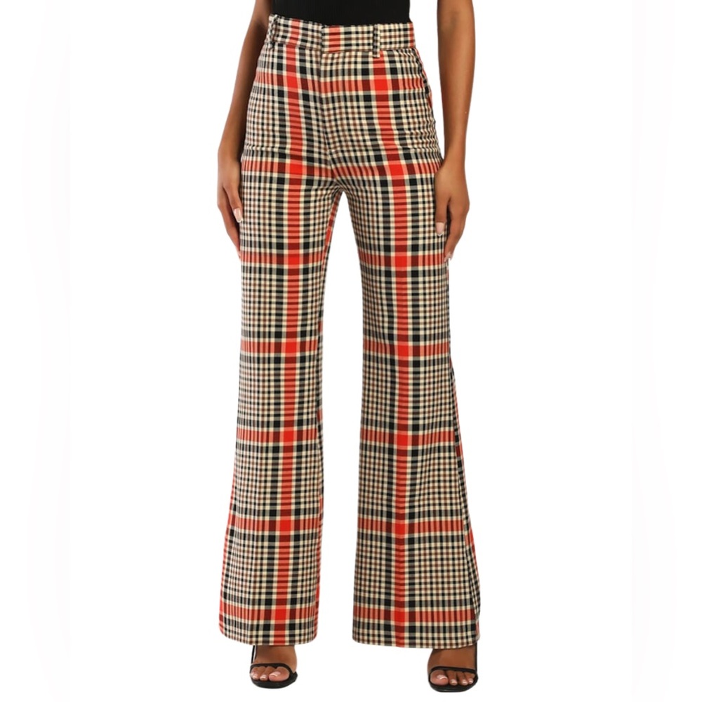 Free People Red Black Cream Plaid Bootcut Trousers